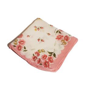 VTG 1960'S HANKIE PINK YELLOW ROSES FLOWERS COLORFUL BRIGHT POCKET SCARF